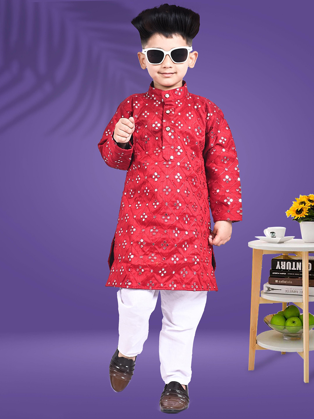 JISHA GARMENTS Boys Floral Embroidered Regular Raw Silk Kurta with Pyjamas