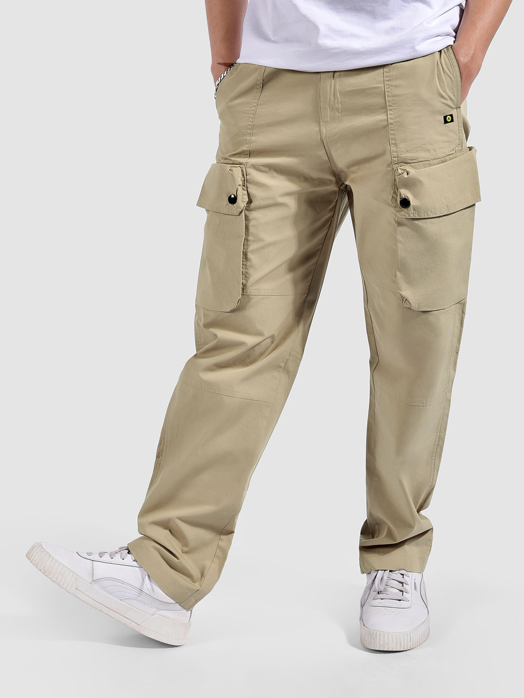 Beyoung Men Beige Original Tapered Fit Elasticated Drawcord Cargo Pants