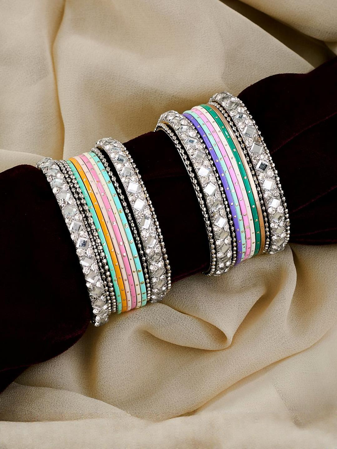 Sangria Set of 24 Silver Plated & Multicoloured mirror Stone Studded Bangles
