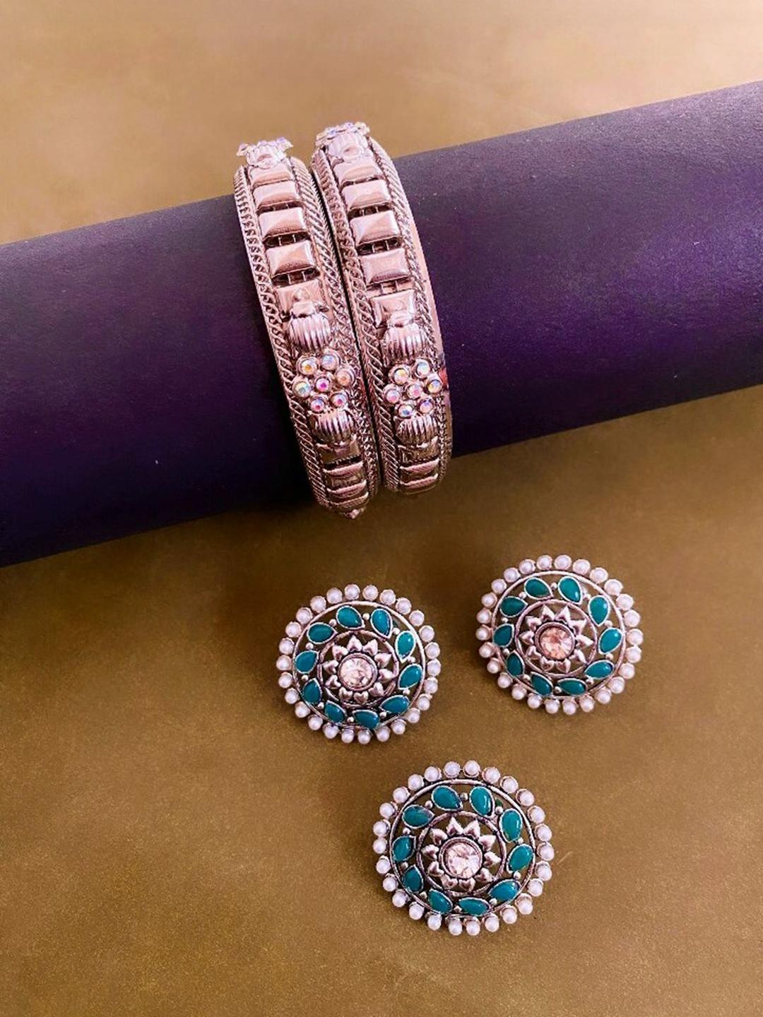 Sangria Set of 4 German Silver Plated & Turquoise Stone Studded Bangles-Earrings-Ring