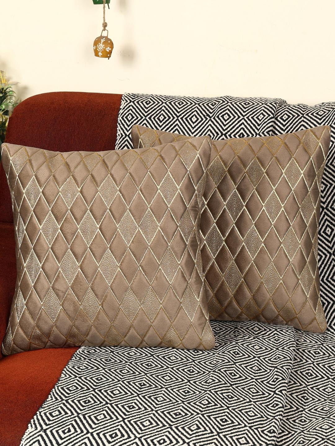 TANLOOMS Embroidered Brown Geometric Velvet 5 Pcs Embroidered Cushion Covers -16x16In