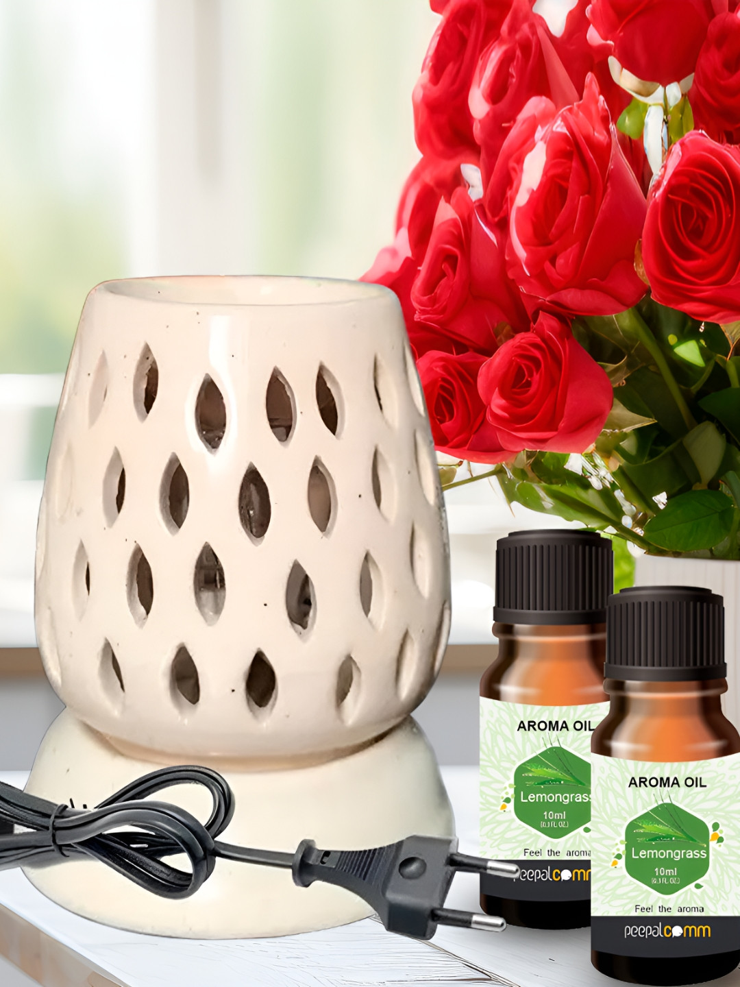 PEEPALCOMM 3-Pcs White & Green Ceramic Electric Diffuser & Lemongrass AromaOil10ml Each