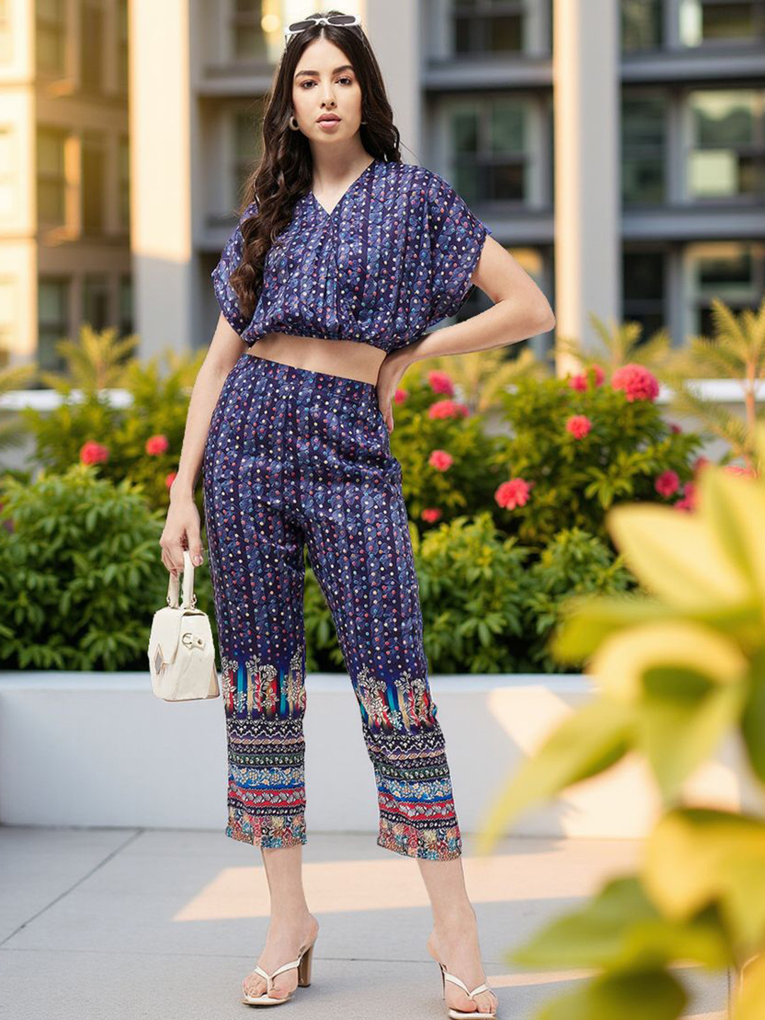 Pannkh Printed V-Neck Overlap Top With Trousers Co-Ords