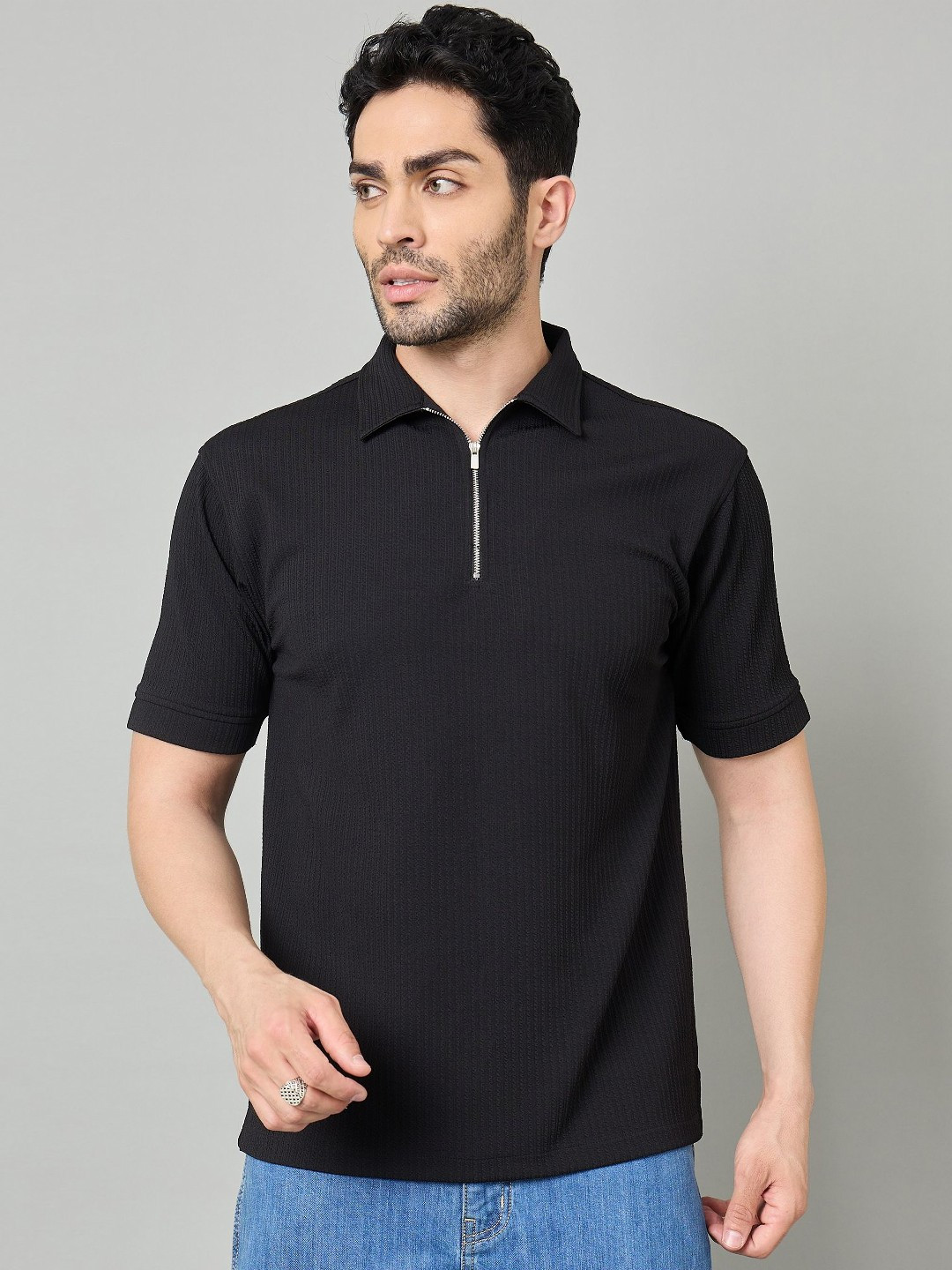 ZYNG Men Self Design Polo Collar T-shirt
