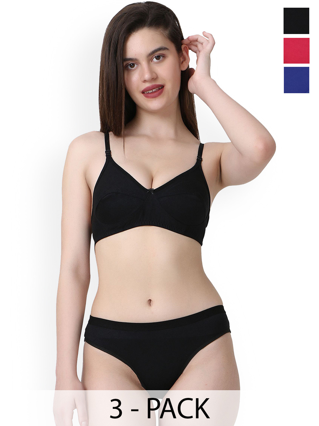 PIBU Pack Of 3 Cotton Non Padded Lingerie Set A-Ruchi-Sett_B,Bl,P