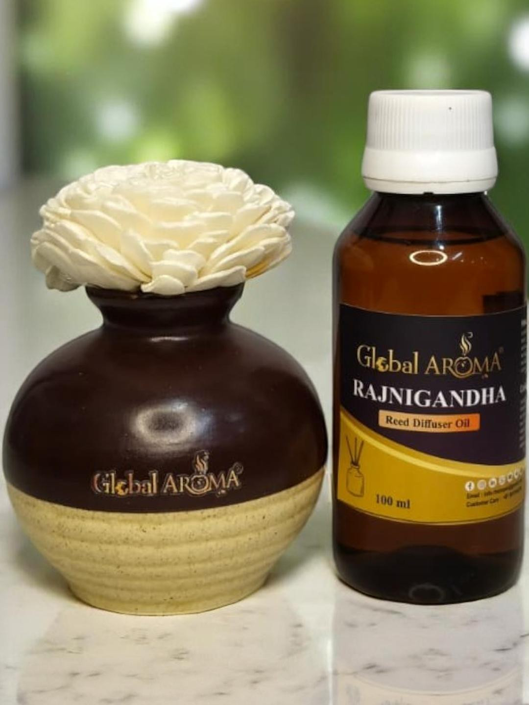 GLOBAL AROMA Rajnigandha Fragracne Ethenic Flower Pot Reed Diffuser Set