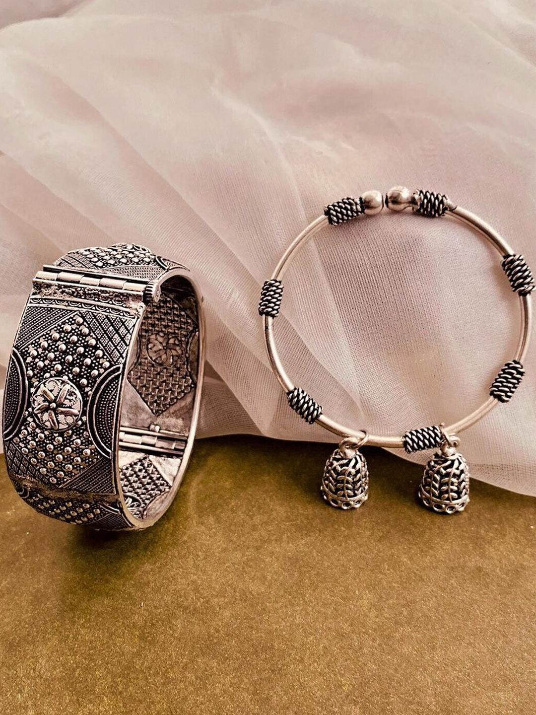 Sangria Set of 2 German Silver Plated & Floral Shaped Kada Bangle set with Jhumki Drop