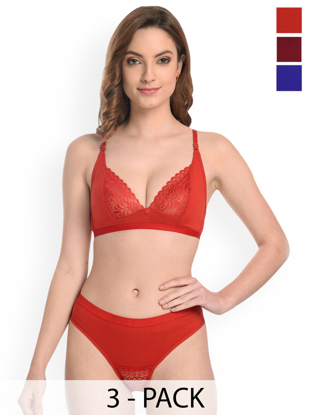 PIBU Pack Of 3 Cotton Non Padded Laced Lingerie Set B-Yani Set_R,B,M