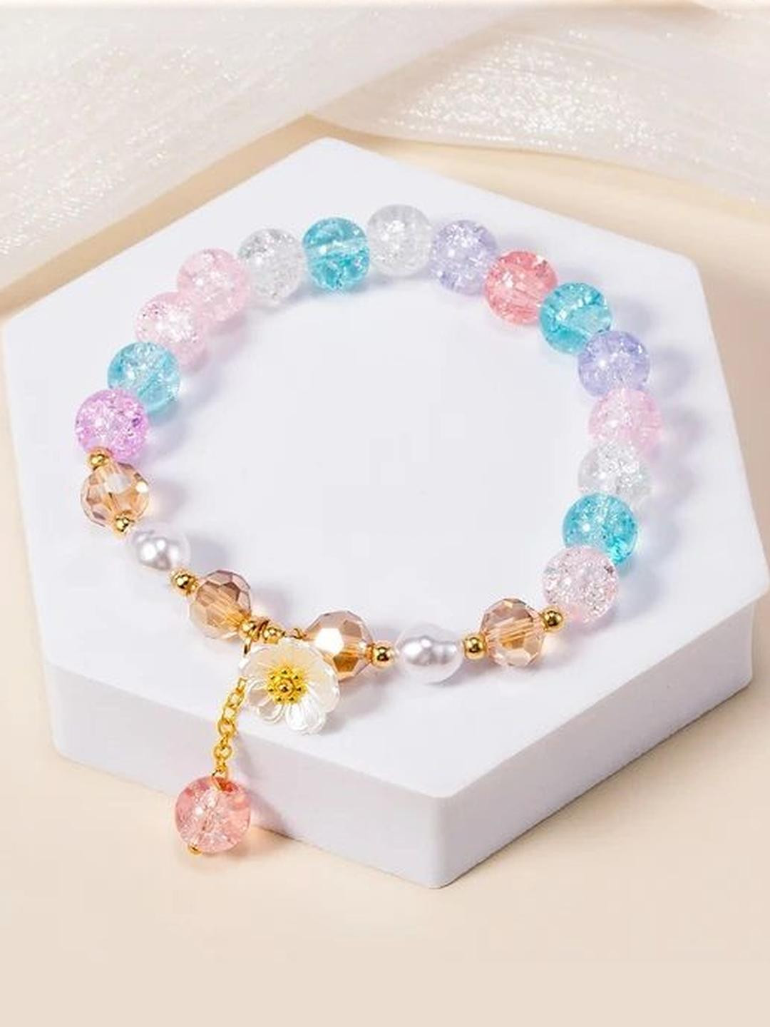 Inites Women Multicolour Glass Beaded Daisy Charm Latkan Bracelet