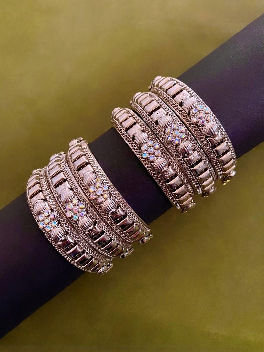 Sangria Set of 6 Metallic Stone Studded & Floral Shaped Bangles