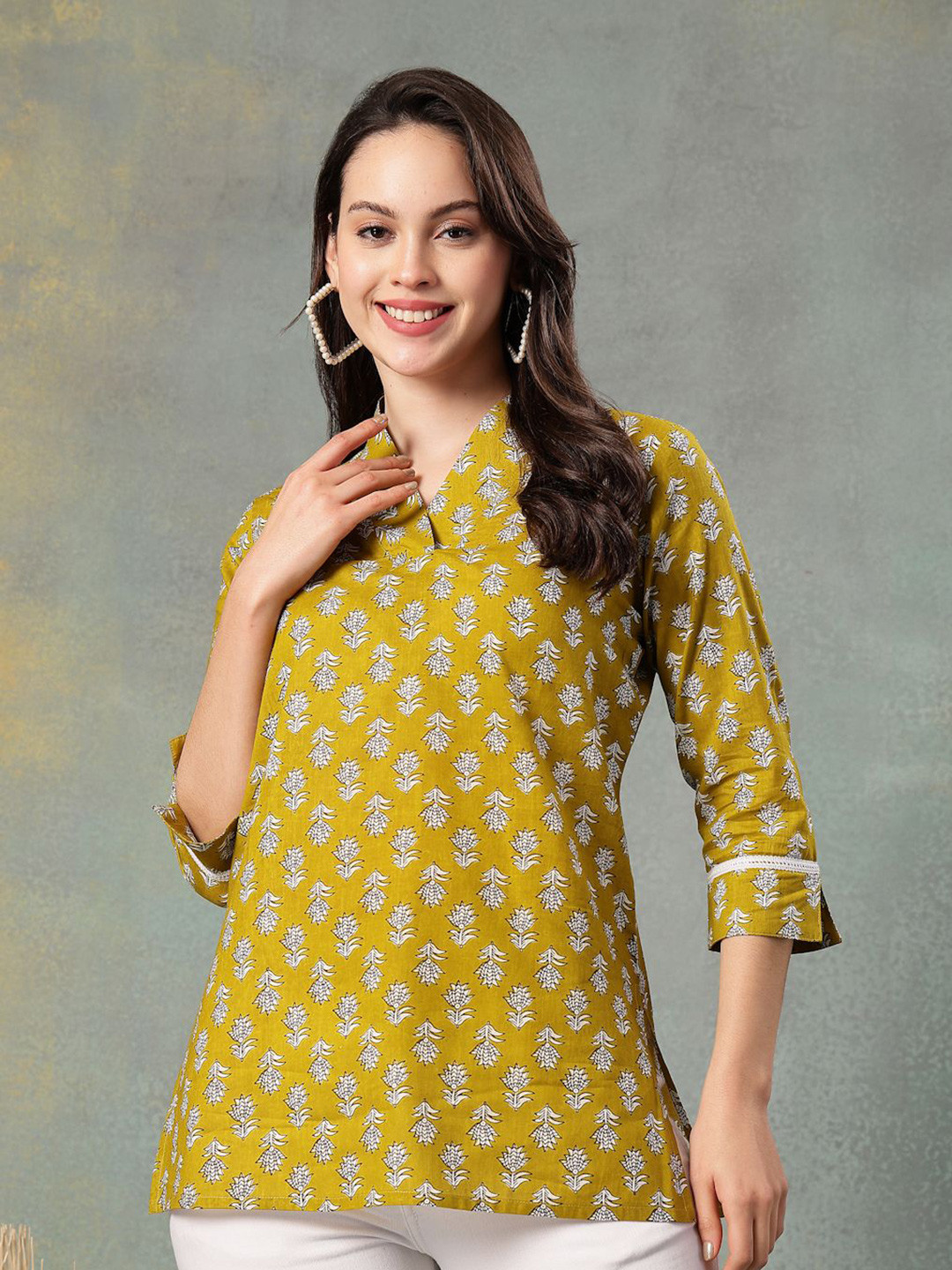 God Bless Women Floral Printed Shawl Neck Pure Cotton  Kurti