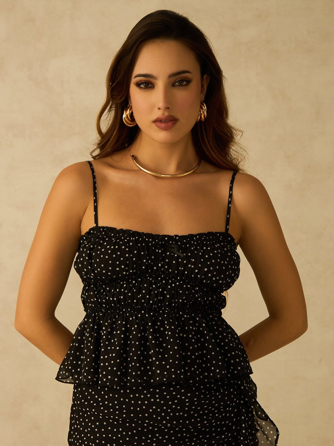 Virgio Satin Strappy Polka Peplum Top