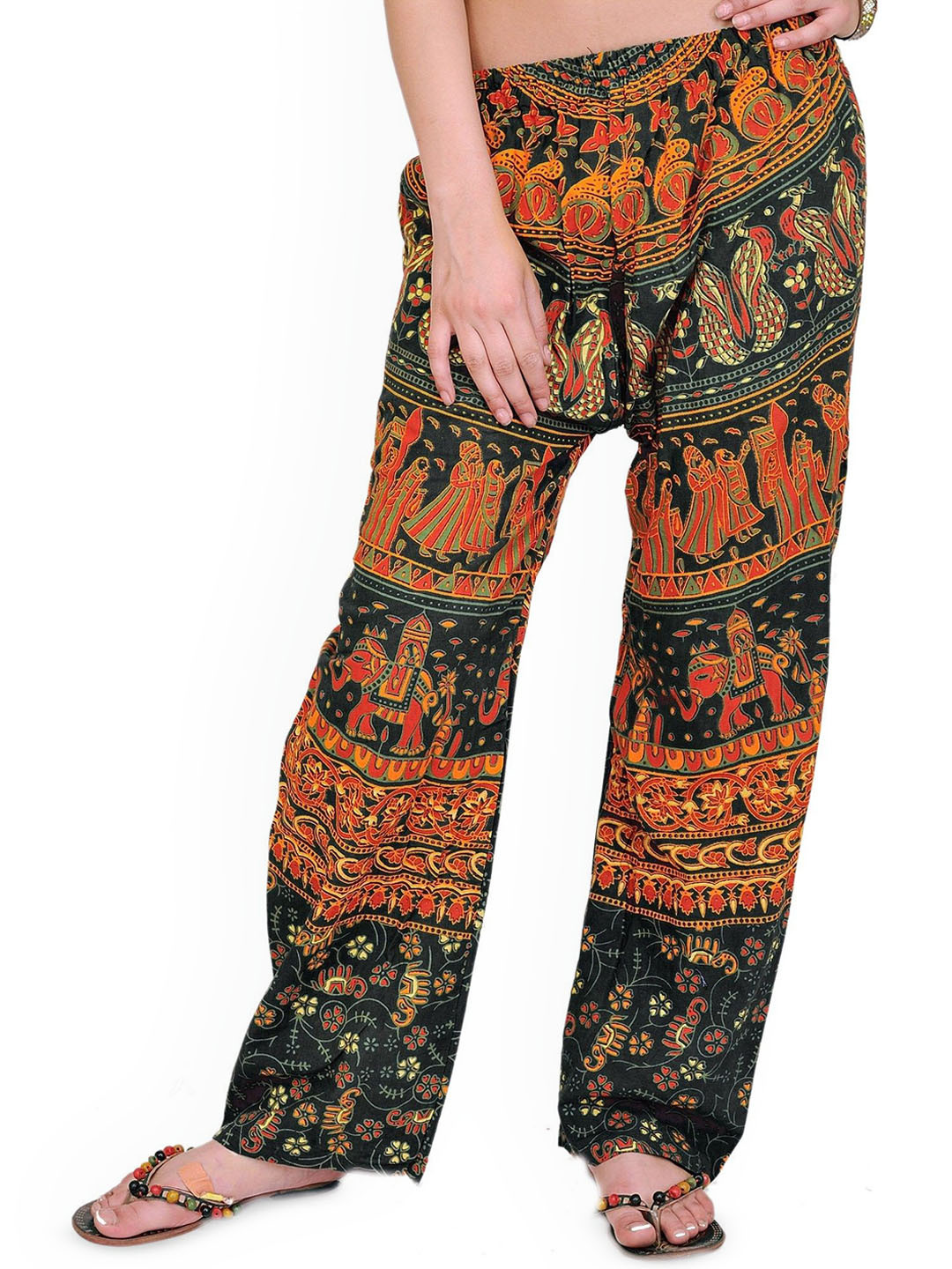 Exotic India Women Elephants Printed Relaxed Straight Leg High-Rise Trousers from Pilkhuwa