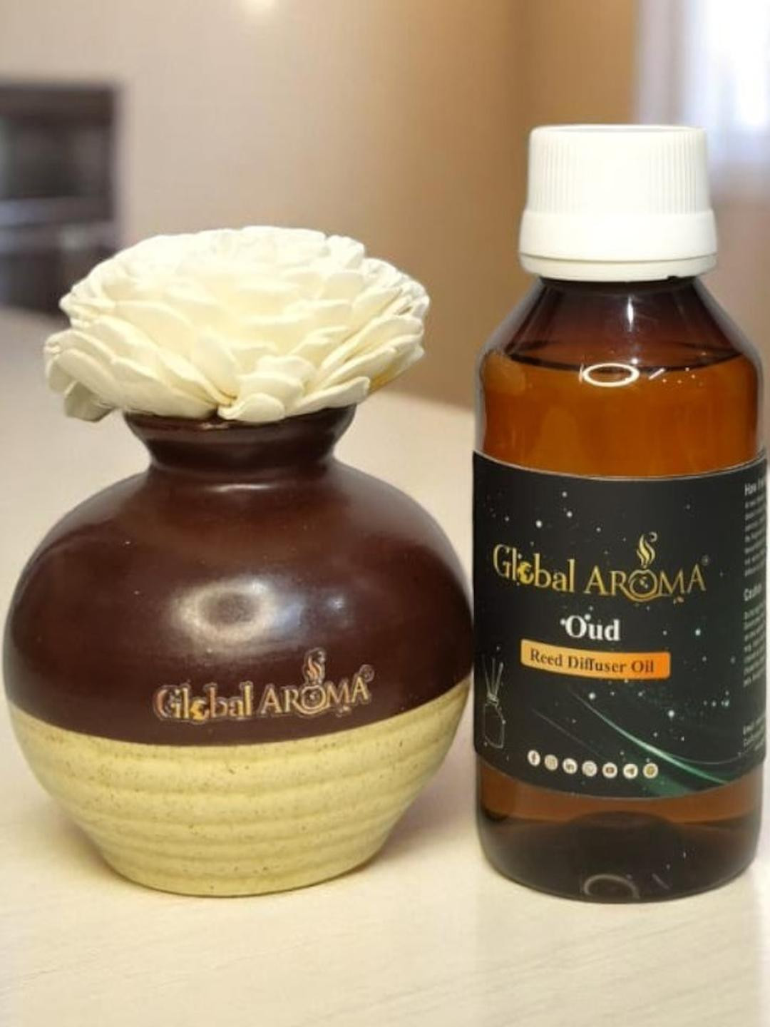 GLOBAL AROMA Oud Fragracne Ethenic Flower Pot Reed Diffuser Set