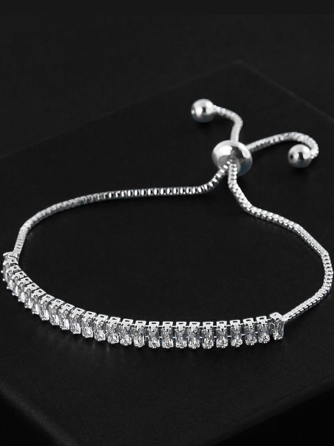 Inites Women Sterling Silver American Diamond Crystal Baguette Tennis Bracelet