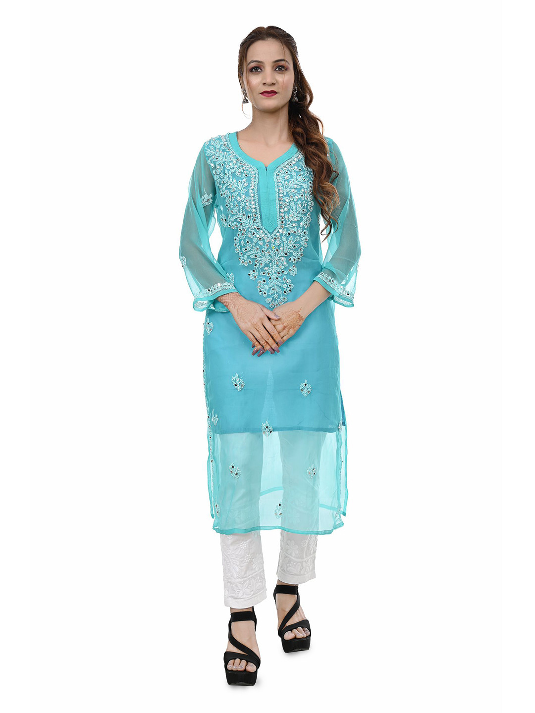 BEAUTY CHIKAN HANDICRAFTS Women Chikankari Mirror Work Embroidered  Kurta With Inner