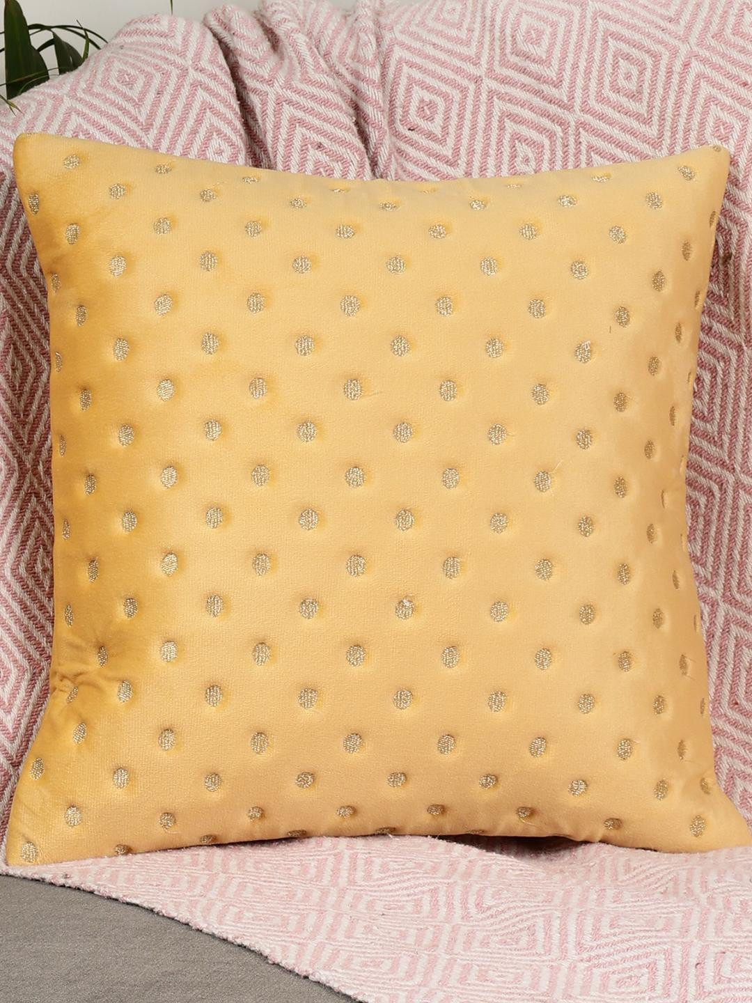 TANLOOMS Polka Dot Yellow Quirky Velvet 5 Pcs Textured Square Cushion Covers -16x16In