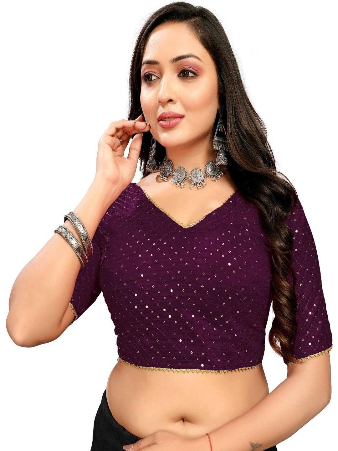 RAGHUVEER CREATION Women Purple Cotton Saree Blouse