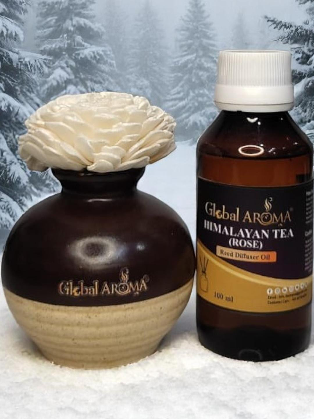 GLOBAL AROMA Himalyan Tea Rose Fragracne Ethenic Flower Pot Reed Diffuser Set