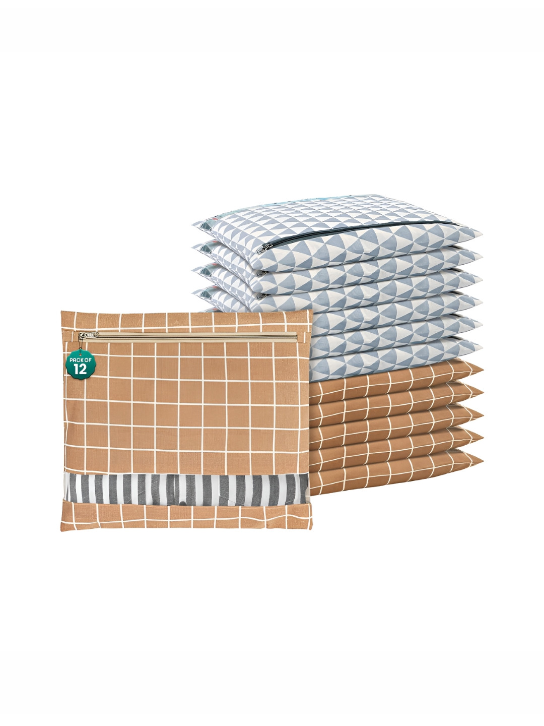 Aura Brown 12 Pcs Mesh Cotton Checked Clothes Storage Organisers