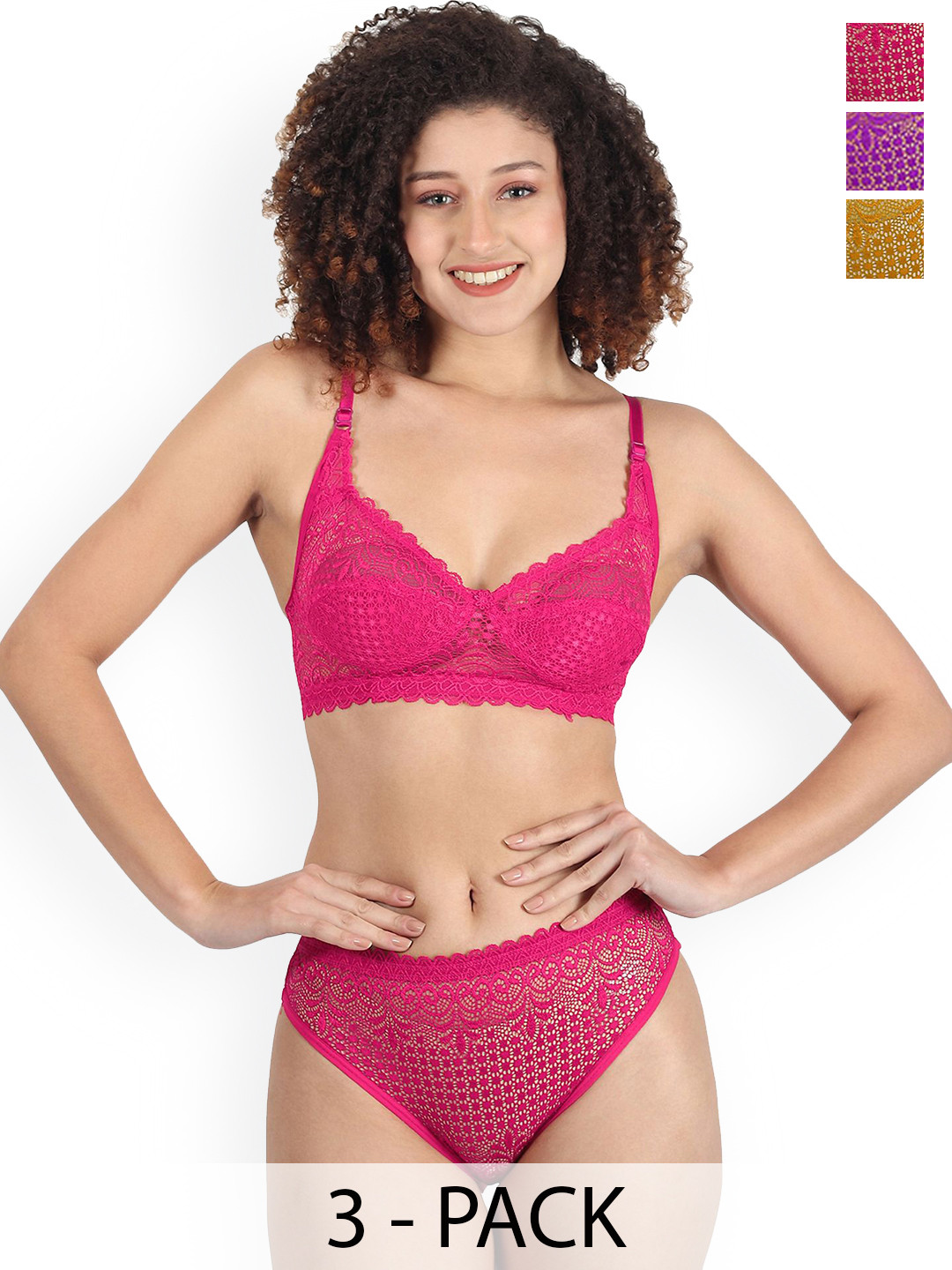 PIBU Pack Of 3 Cotton Non Padded Lingerie Sets A-Rain-Set_Pu,P,Y