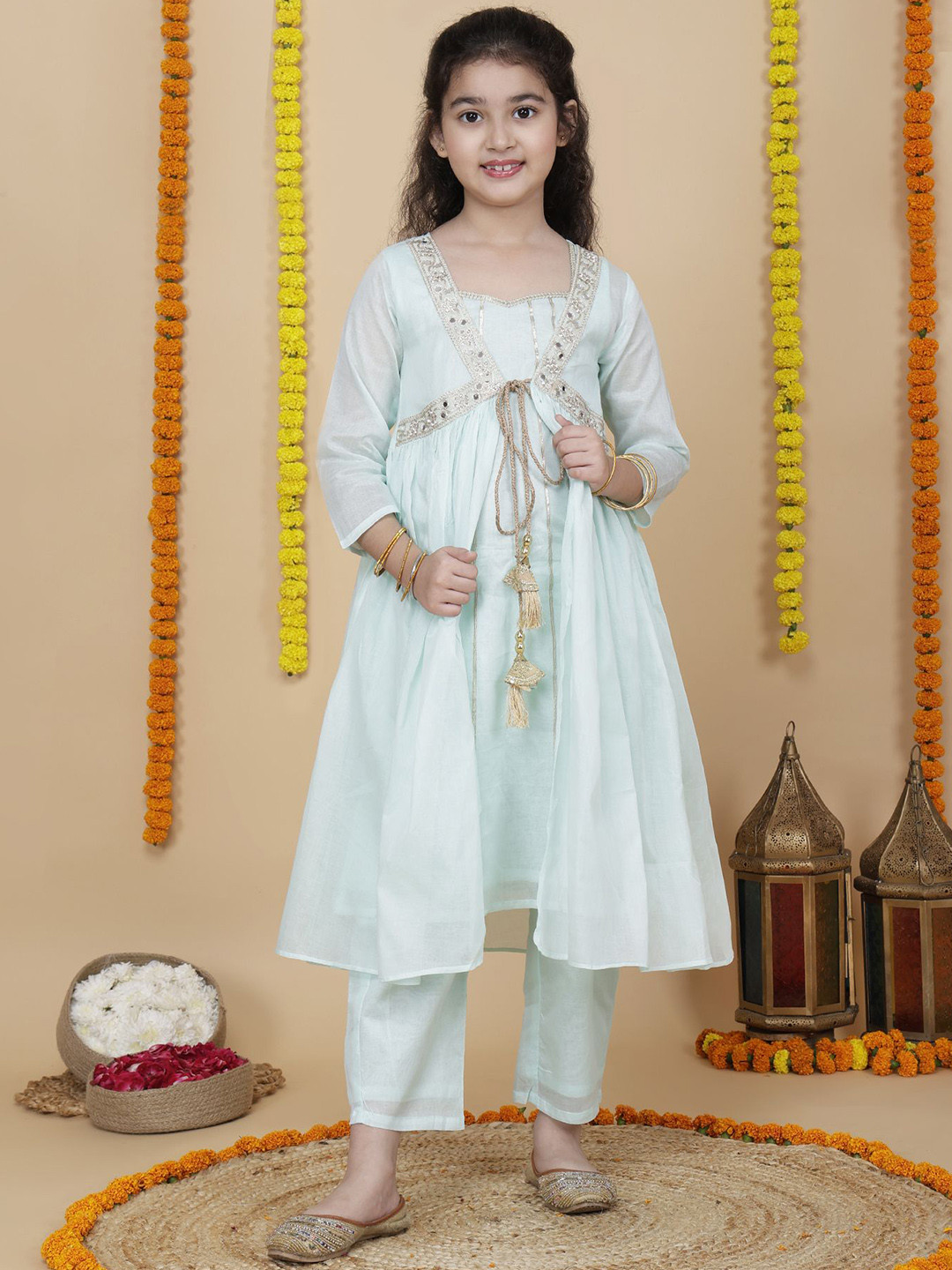 Sangria Girl Embroidered Shrug With Kurta With Trousers & Shrug
