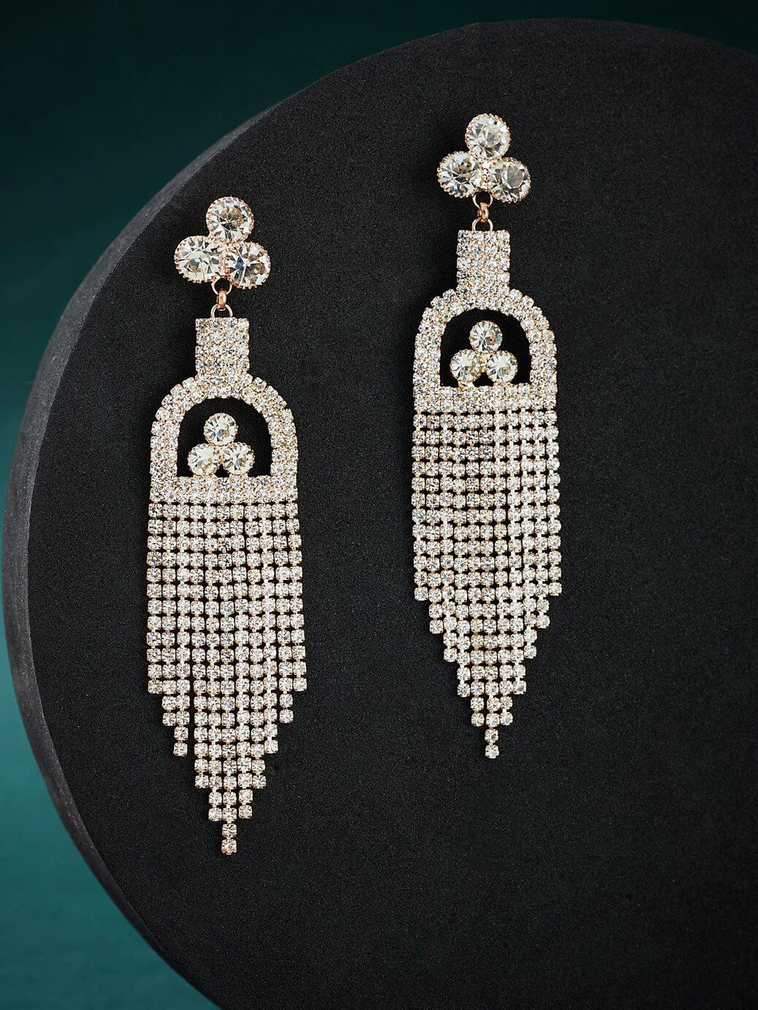 Anouk Rose Gold-Plated Rhinestone-Studded Contemporary Shaped Drop Earrings