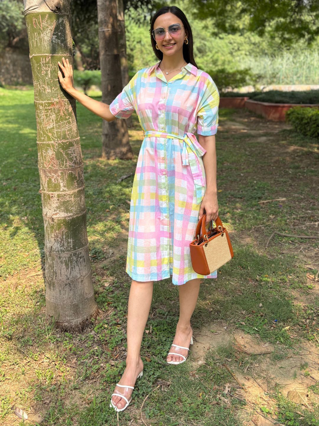 Safeera women Checked Cotton Loose Fit Belted Midi Dress