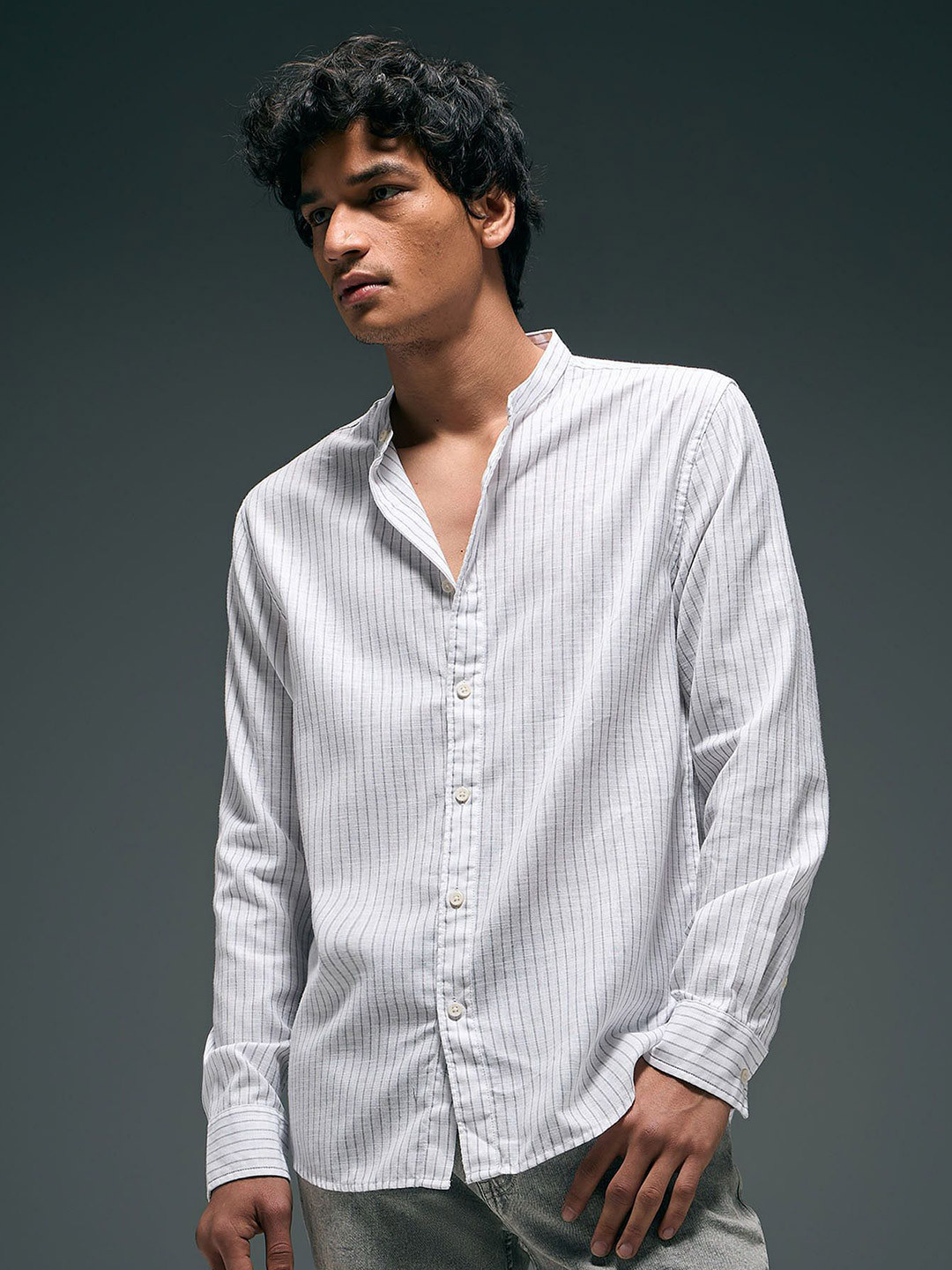 Flying Machine Vertical Striped Band Collar Shirt