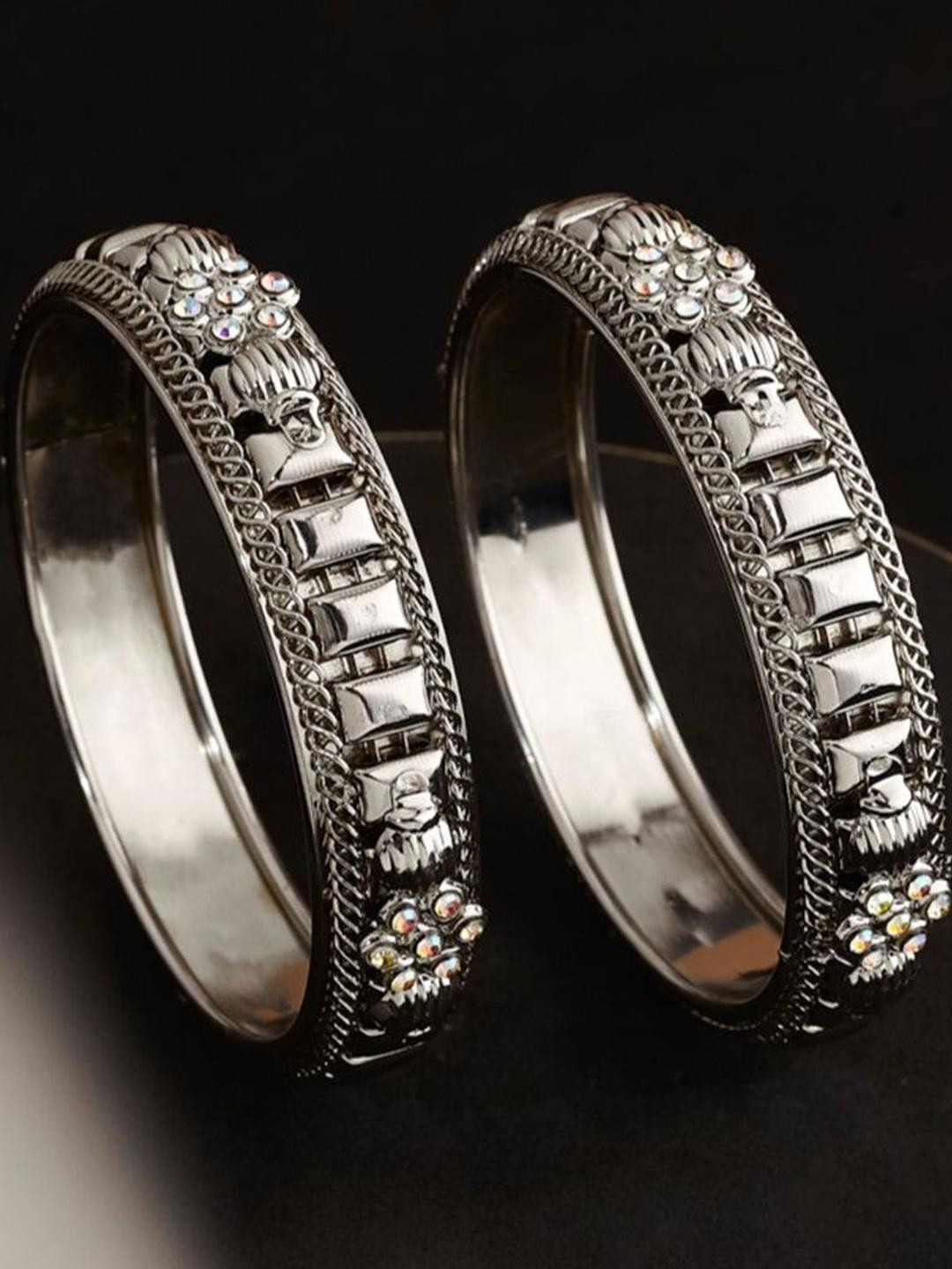Sangria Set of 2 silver plated & Floral Shaped metallic stone studded Bangles