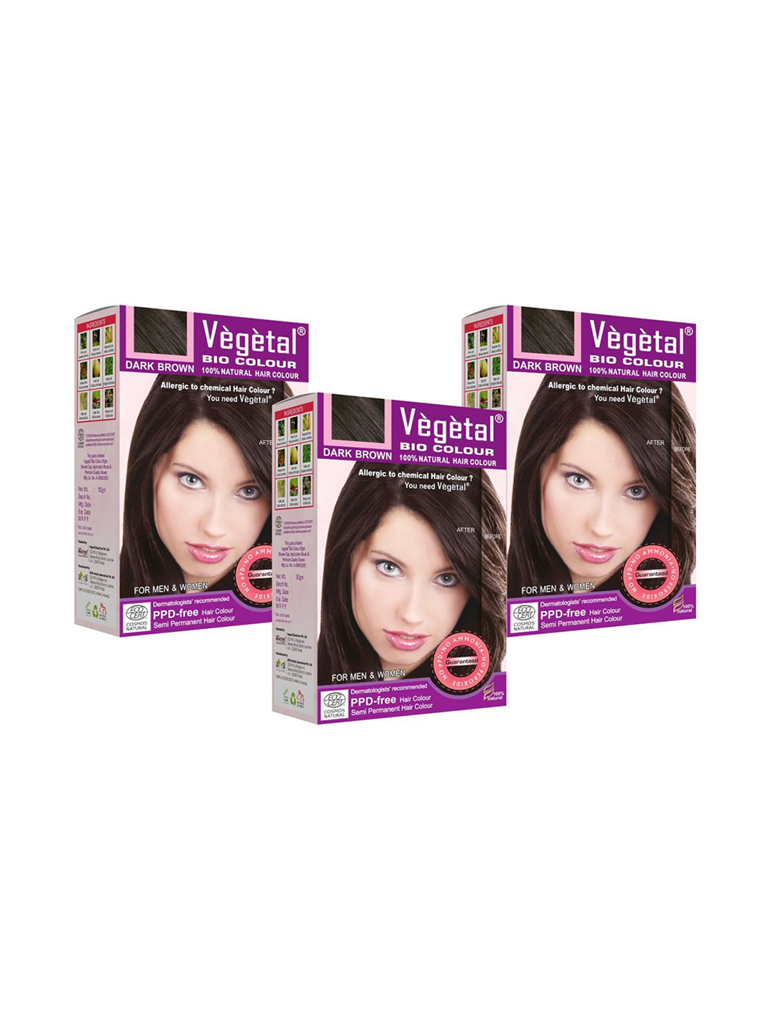 Vegetal Set Of 3 Bio Color 100% Natural Hair Color - 50 g Each - Dark Brown