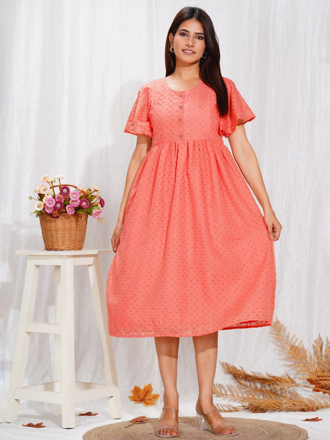 MomsBae Women Flared Sleeve Chikankari Feeding Fit & Flare Dress