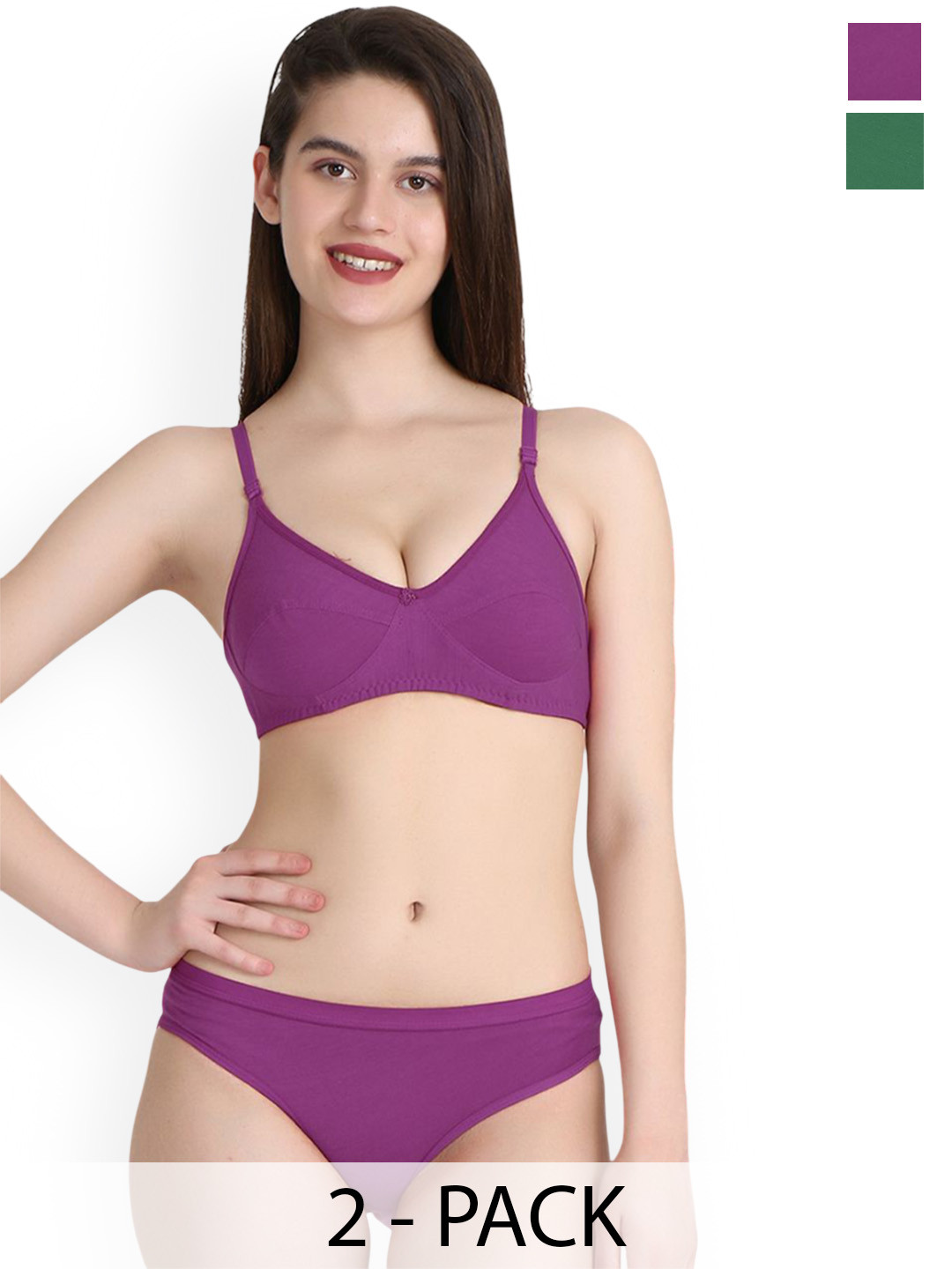 PIBU Pack Of 2 Cotton Non Padded Lingerie Set B-Ruchi-Sett_Pu,G