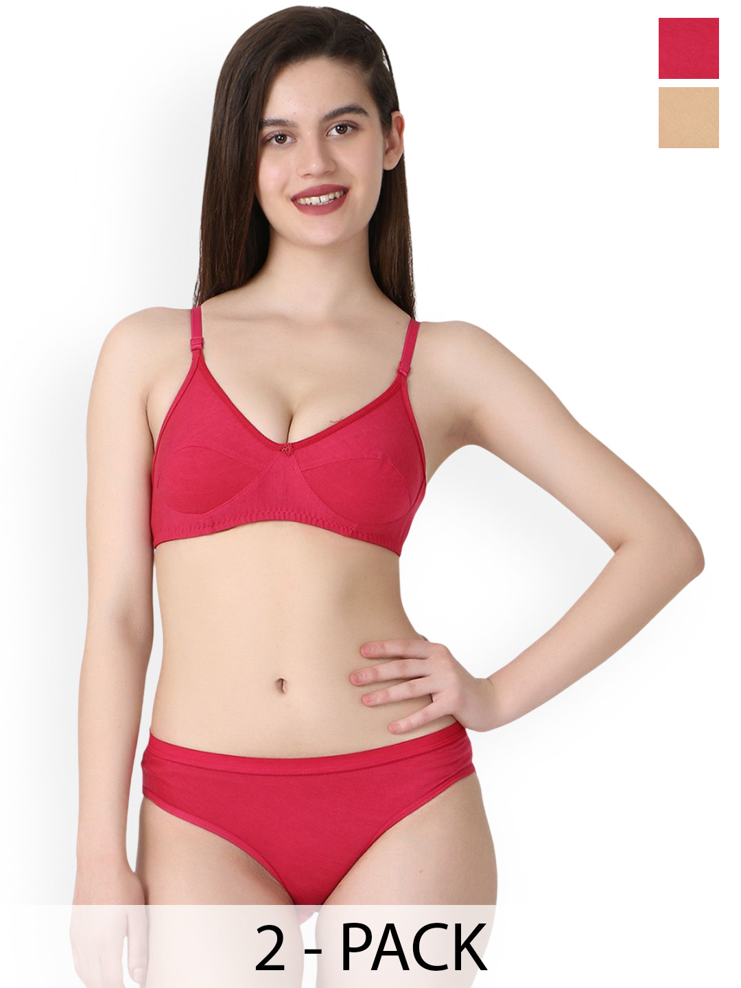 AROUSY Pack Of 2 Cotton Non-Padded Lingerie Sets B-Ruchi-Sett_P,Br-Pink,Brown