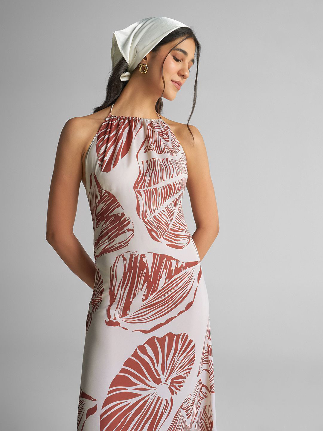 GABLOR Print Halter Neck Satin Maxi Midi Dress