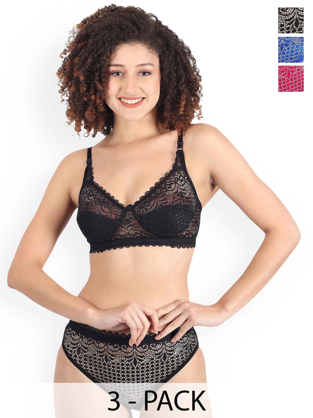 PIBU Pack Of 3 Non Padded Lingerie Sets A-Rain-Set_B,Bl,P