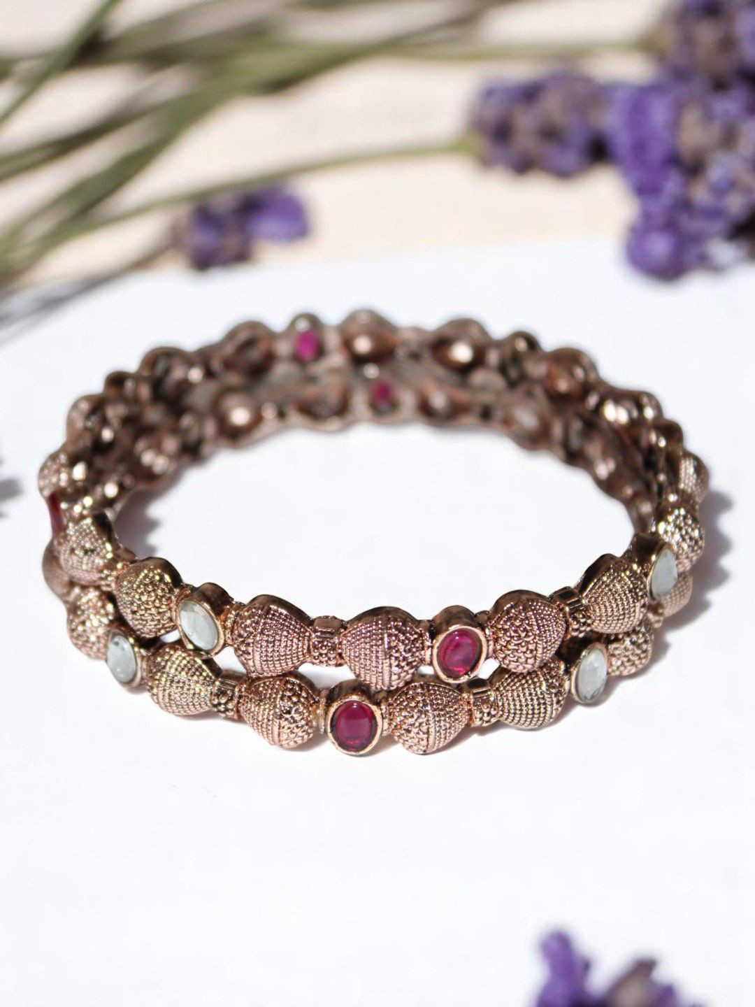 Jolly Faces Set Of 2 Textured Copper-Plated Stone-Studded Bangles