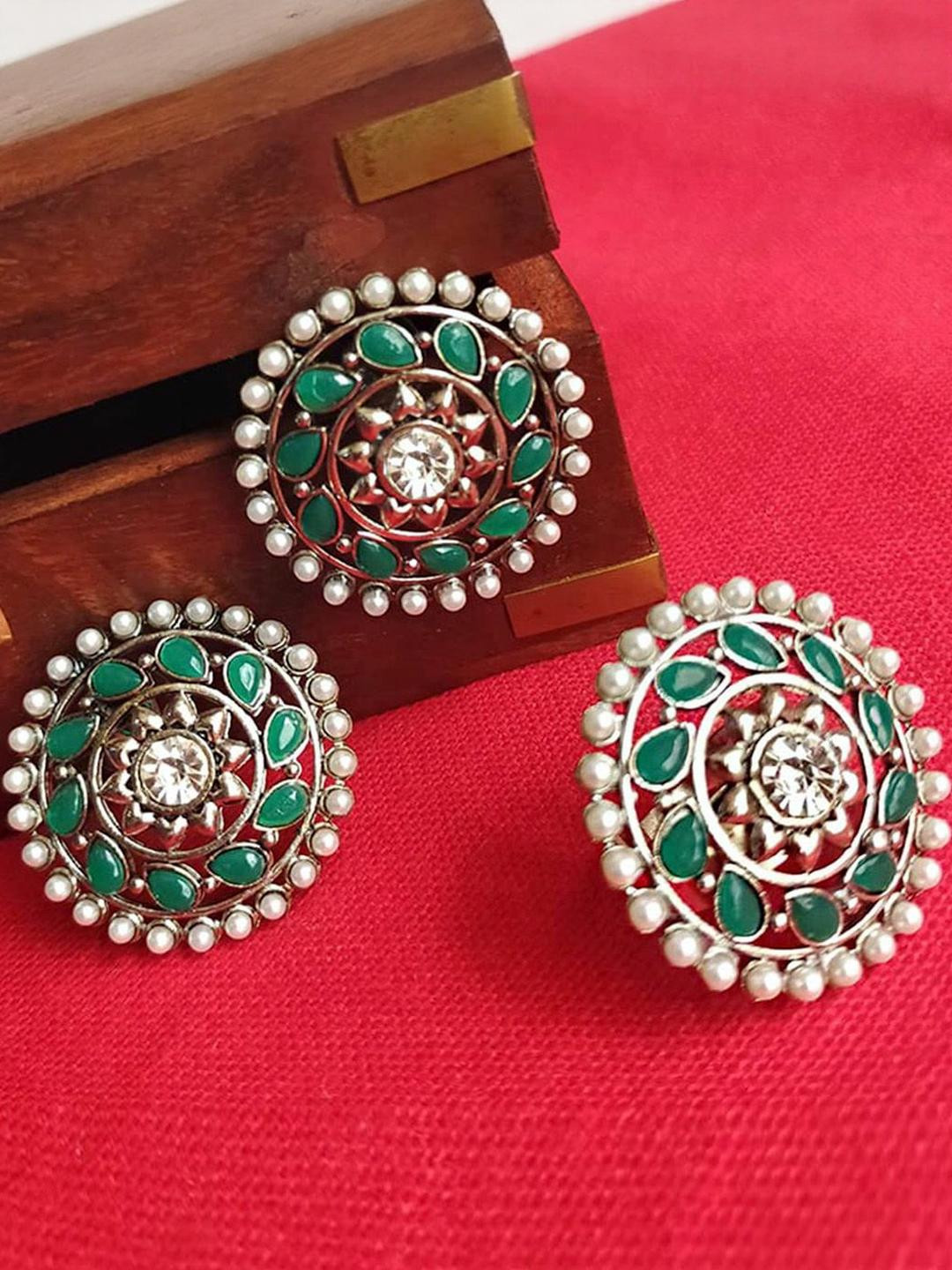 Anouk Set of 2 Turquoise Pearl Stone Studded & Floral Shaped Earrings & Ring