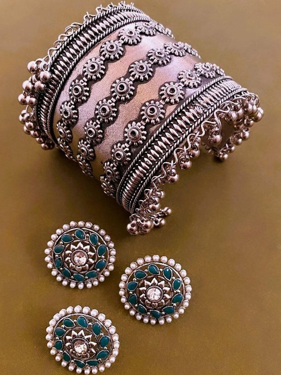 Sangria Set of 3 German Silver Plated & Turquoise Stone Studded Bangle, Earrrings & Rings