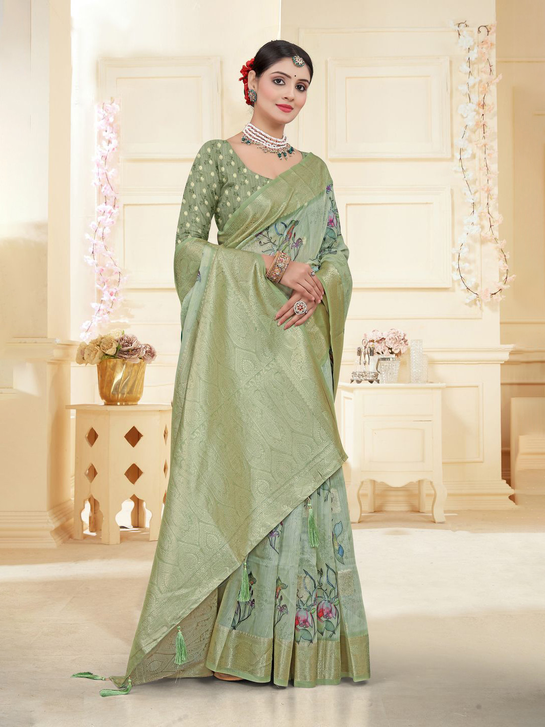 pikham Woven Design Floral Printed Zari Kota Saree