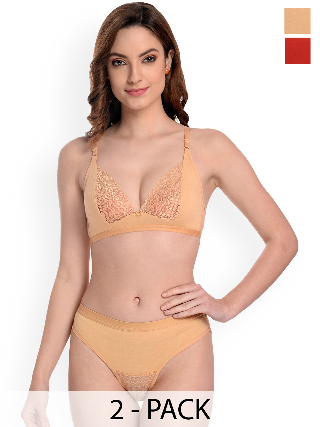 PIBU Pack Of 2 Cotton Non-Padded Lingerie Sets B-Yani Set_R,Br-Red,Brown