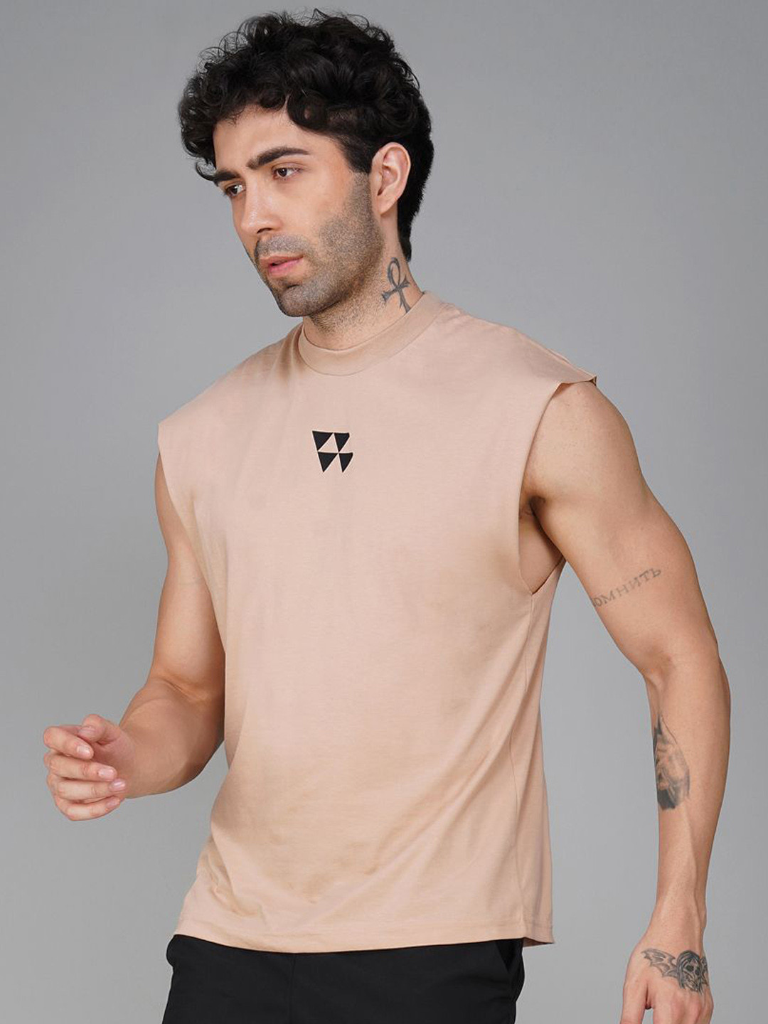 Brauch Printed Round Neck Gym Vest M-VEST-BACK-NEVERGIVEUP-BEIGE-S