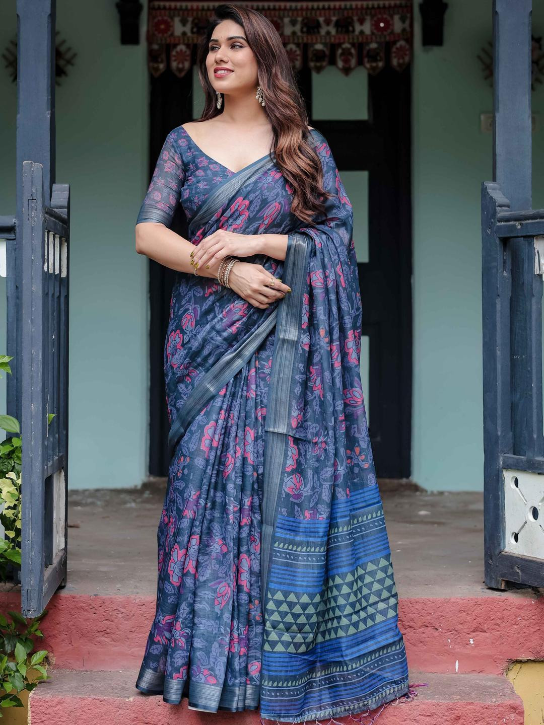 ZIRVI Navy Blue Tussar Linen Blend Sarees