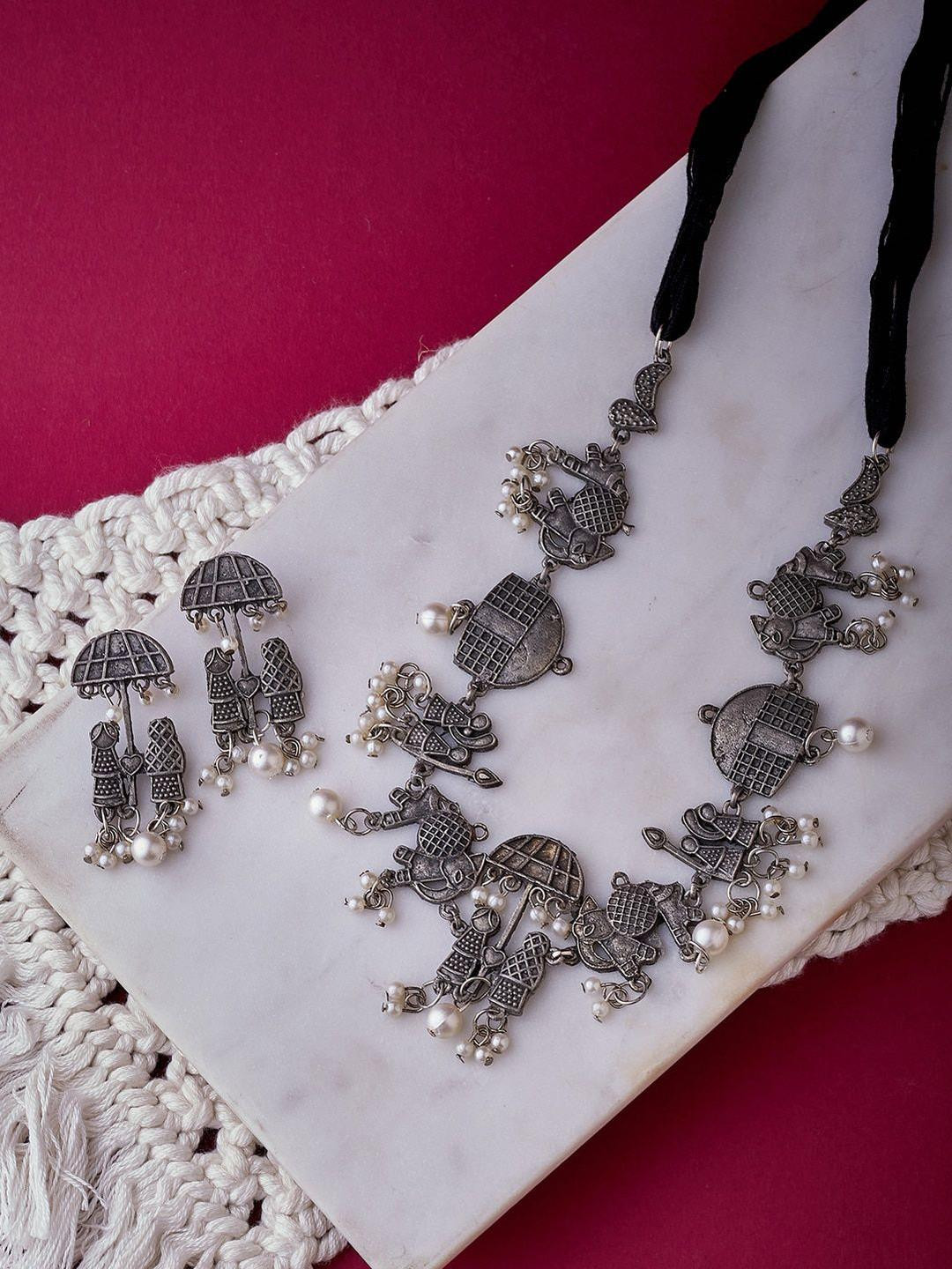 Sangria Oxidised Silver-Plated German Silver Barrat Inspired Necklace set with Beads Drop