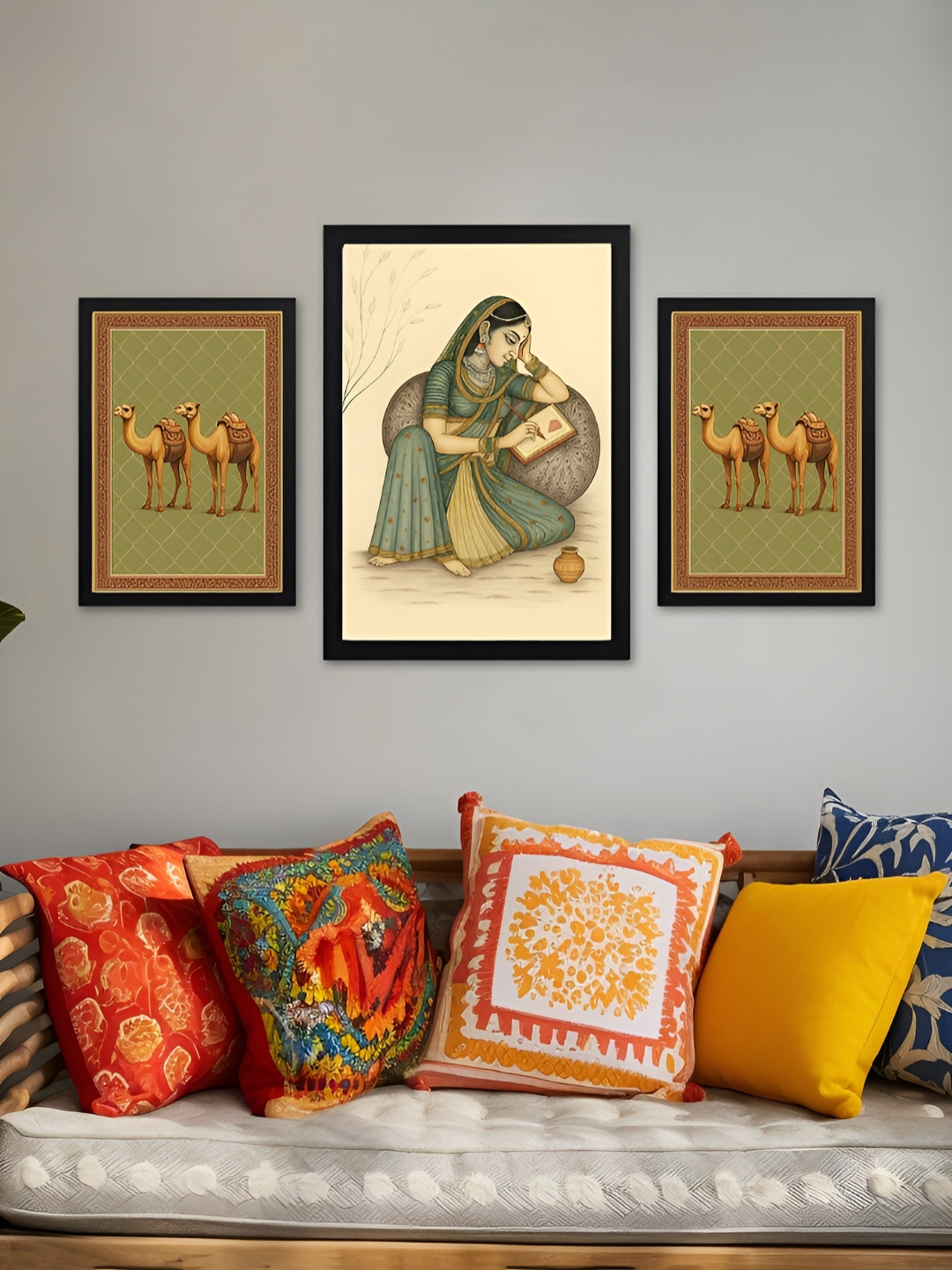 Giftii Rajasthani Woman with Camels Wood 3 Piece Wall Rectangle Paintings Wall Art