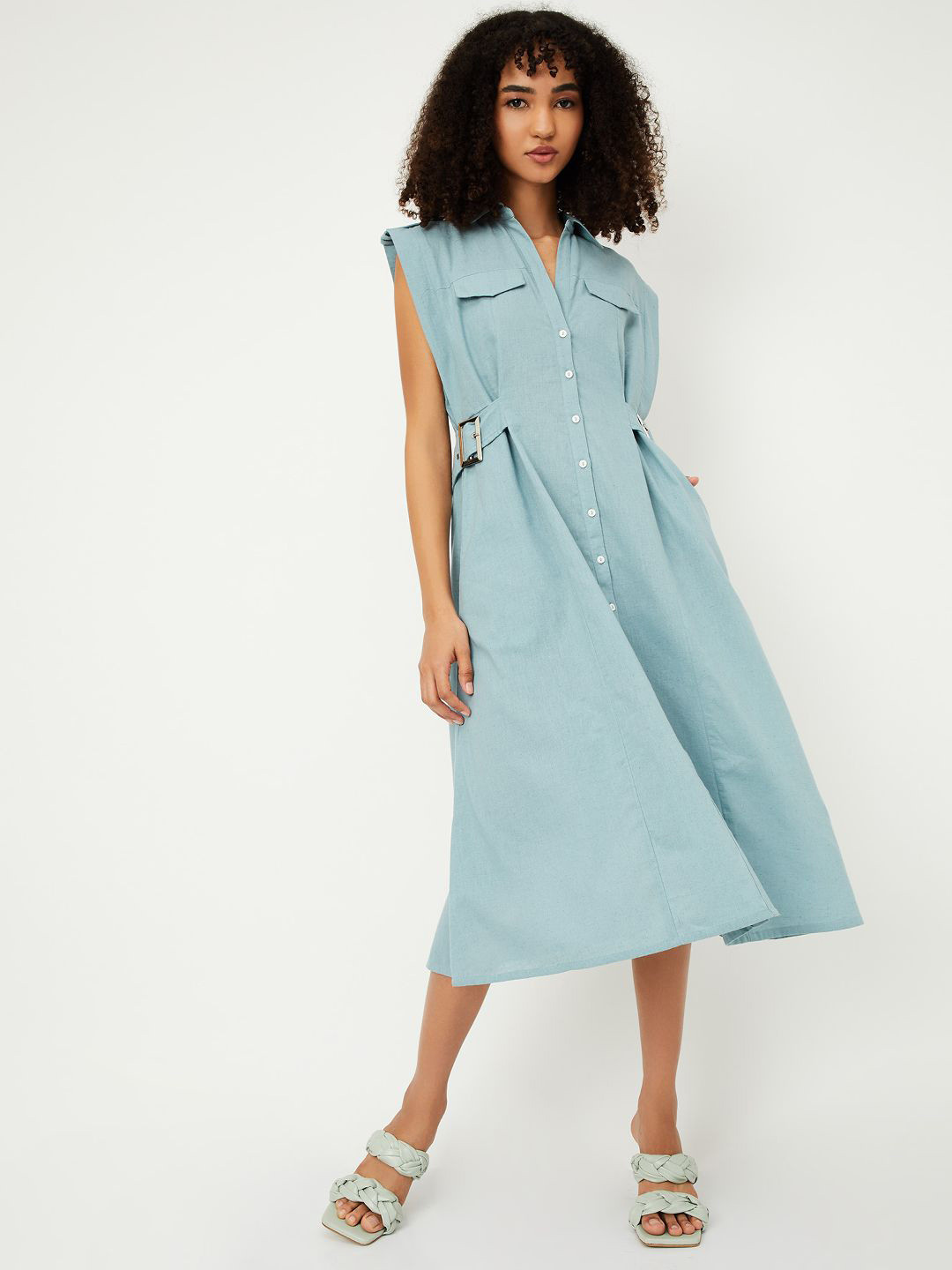max Cap Sleeves Cotton Belted Shirt Midi Dress