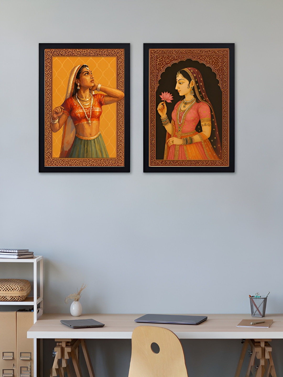 Giftii Black & Yellow 2 Pieces Rajasthani Royal Grace Wooden Wall Arts