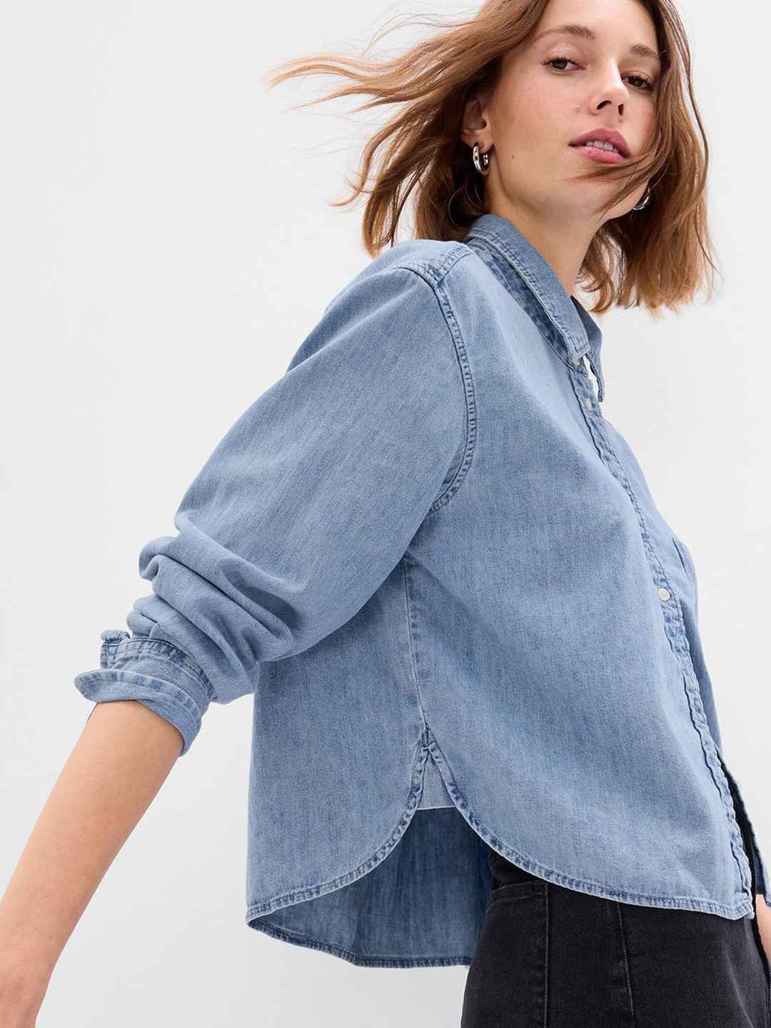 GAP Drop-Shoulder Sleeves Chambray Pure Cotton Relaxed Fit Casual Shirt