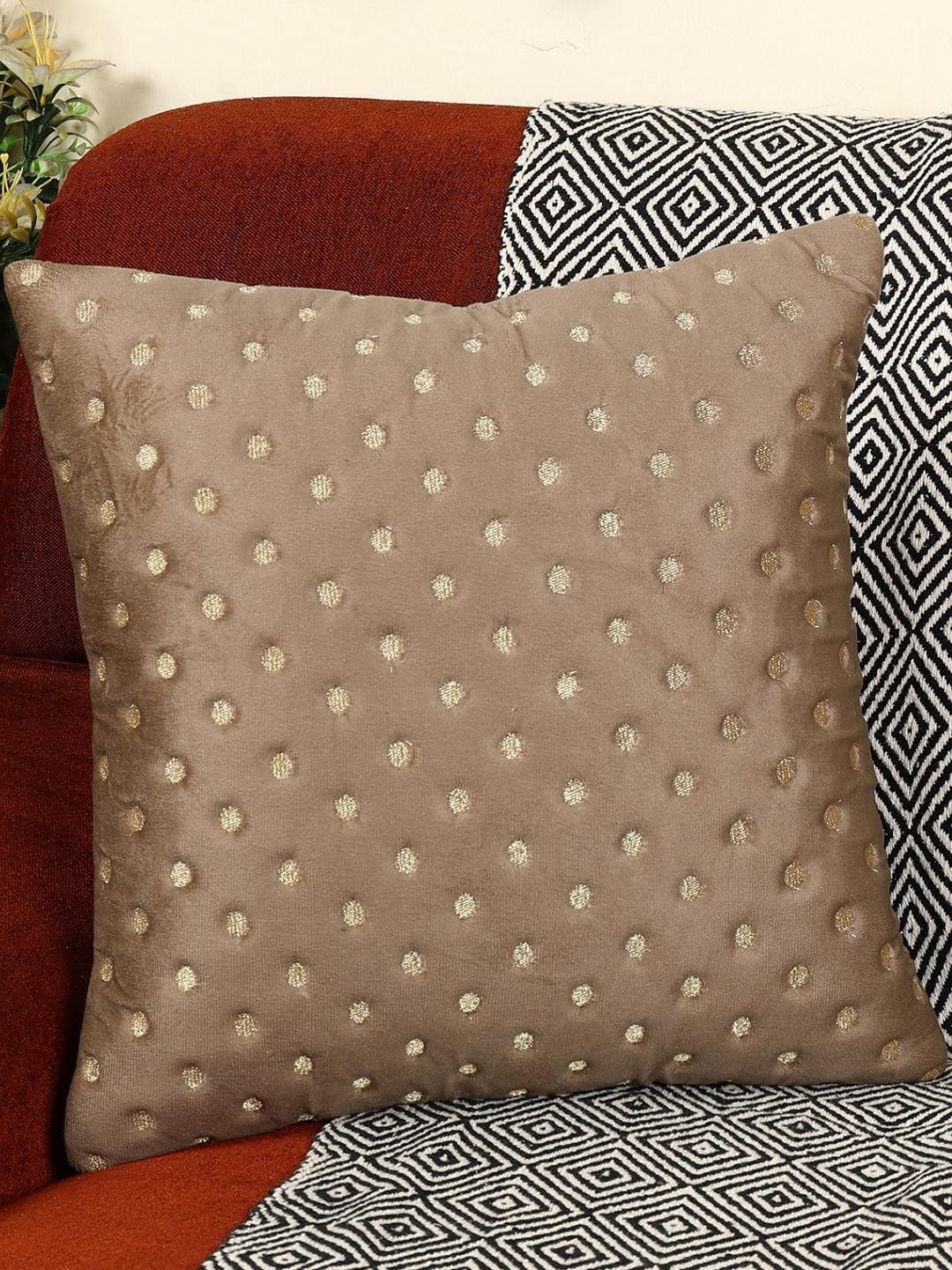 TANLOOMS Brown Polka Dots Velvet Washable 5 Pcs Embroidered Square Cushion Covers -16x16In