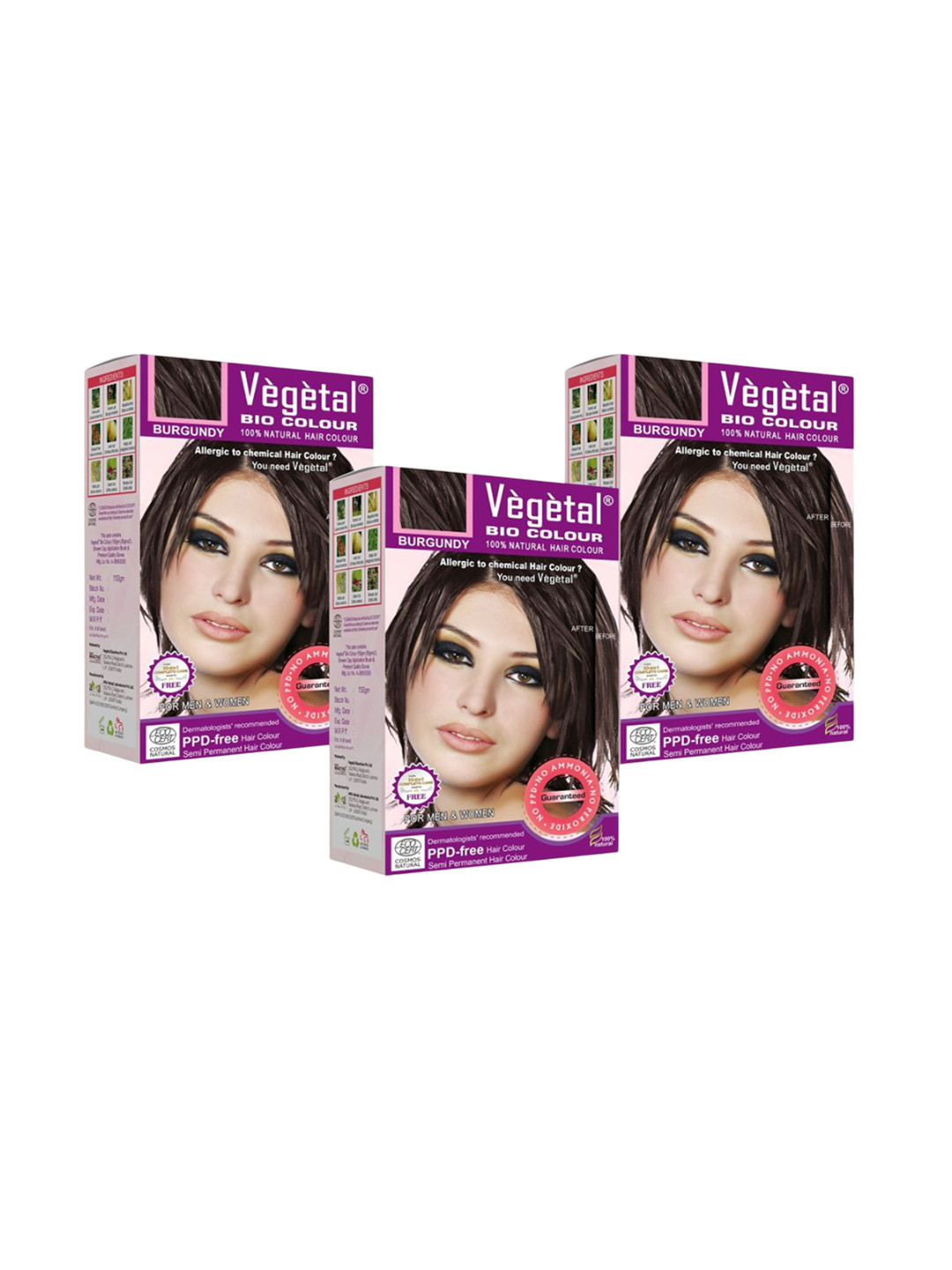 Vegetal Set Of 3 Bio Color 100% Natural Hair Color - 150 g Each - Burgundy